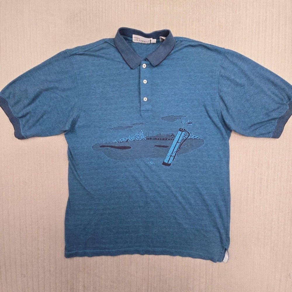 Vintage Pro Celebrity Polo Shirt Mens 2XL Blue Golf Course Graphic Double Sided - Picture 2 of 11